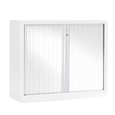 Armoire basse métallique à rideaux NF – 100x120 cm – vue en 3/4 avec finition aluminium