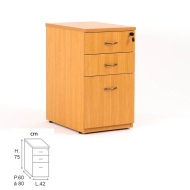 Caisson hauteur bureau LUDY bois 2 tiroirs + 1 tiroir suspendu, tiroirs fermés, hêtre