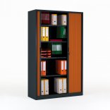 Armoire haute à rideaux FLAP, monobloc, rideaux ouverts, anthracite/merisier