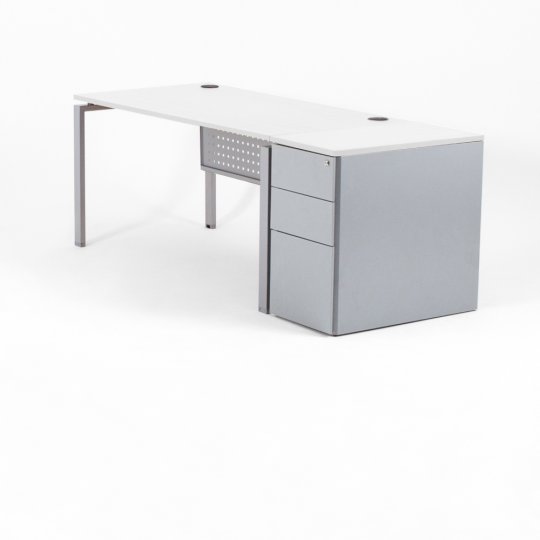 Bureau droit OPTIMUM, plateau blanc, piétement aluminium et caisson HB métal