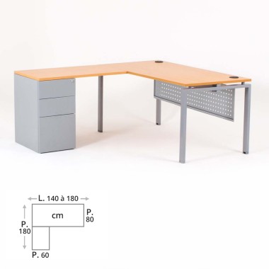 Bureau d'angle OPTIMUM avec retour accroché caisson HB porteur métal P.60 cm