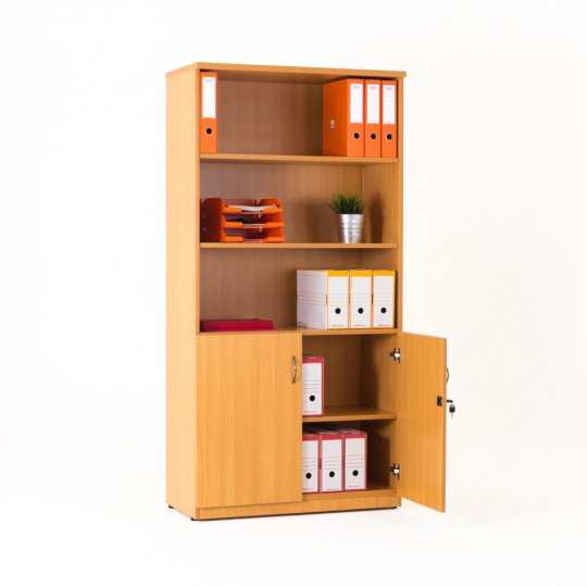 Armoire bibliothèque avec armoire basse portes battantes entrouvertes, hêtre