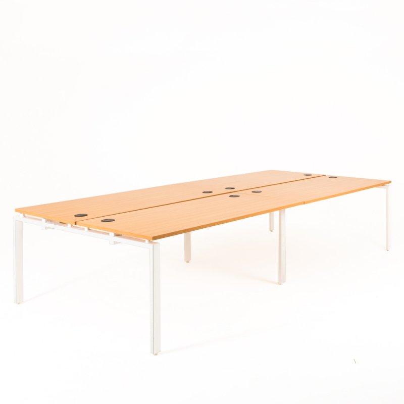 Bureau bench OPTIMUM 4 personnes, plateaux hêtre, piétement blanc, sans cloison