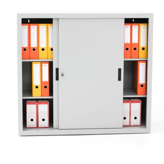 Armoire basse portes coulissantes TINEO, portes ouvertes, gris clair Armoire basse portes coulissantes TINEO, portes ouvertes, gris clair