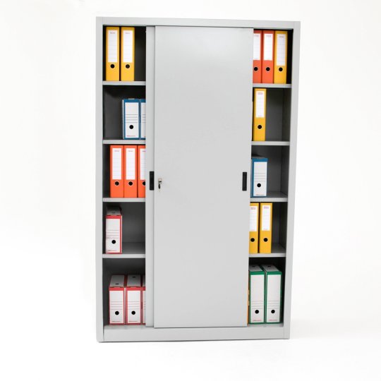 Armoire haute portes coulissantes TINEO, portes ouvertes, gris clair Armoire haute portes coulissantes TINEO, portes ouvertes, gris clair