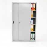 Armoire haute portes coulissantes TINEO, porte entrouverte, gris clair