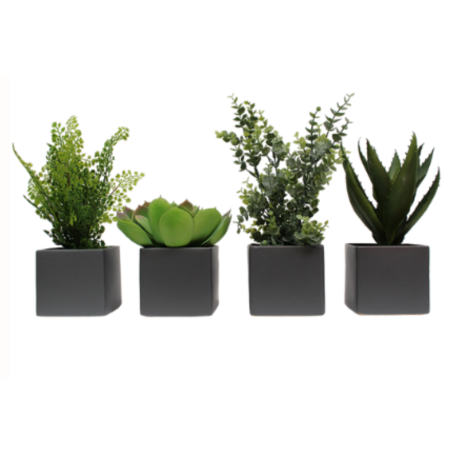 Petites plantes artificielles par lot de 4, pots gris