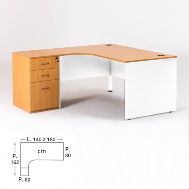 Bureau blanc compact MADERA + caisson hauteur bureau P.60 cm